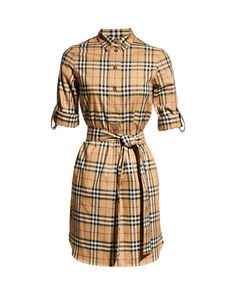 Burberry 'Giovanna" shirtdress in vintage-check cotton twill. Approx. length:  38" size 8. Spread collar; button front. Half sleeves; tabbed cuffs. Self sash at waist. A-line silhouette. Hem falls below the knee. Cotton/spandex. Polyester trim. Machine wash. Imported. Burberry Tshirt Dress, Burberry Trench Dress, Burburry Dress, Checked Shirt Dress, Burberry Dress, Burberry Outfit, Cotton Poplin Dress, Burberry Trench Coat, Cotton Shirt Dress