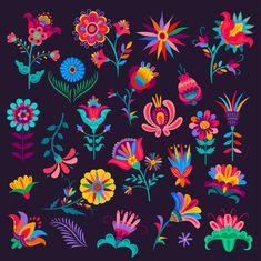 colorful flowers and birds on black background with space for text or image premium clipart