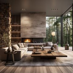 a modern living room with wood floors and stone fireplace in the center, surrounded by large windows