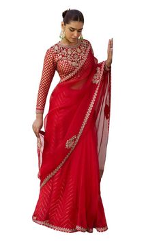 Red saree with dori and gota embroidered borders. Comes with a padded blouse and an underskirt. - Aza Fashions Isha Gupta, Saree Jacket Designs, Saree Jackets, Padded Blouse, Border Saree, Embroidered Saree, Red Saree, Set Women, Jacket Design