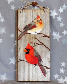 two red birds sitting on top of a wooden sign with stars in the sky behind them