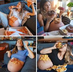 three pictures of pregnant women eating pizza and hamburgers