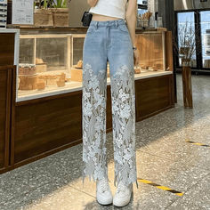 Description Jeans Patchwork, Summer Trousers, Denim Decor, High Waist Wide Leg Pants, Look Retro, Vintage Trousers, Denim Pants Women, Lace Splicing, Summer Jeans