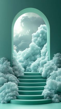 an arch with stairs leading to clouds in the sky