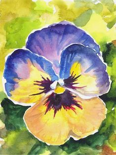 a watercolor painting of a blue and yellow flower with green leaves in the background