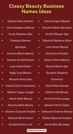 the classy beauty business name ideas list is shown on a red background with black and white