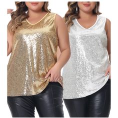 This sleeveless tank top is made of lightweight stretch polyester material. Topped with sparkling sequins, there's a layer of beautifully embellished soft mesh underneath for itch-free comfort. Perfect for any occasion, this sleeveless sparkly top features a flattering V-neckline that looks great with any outfit. Made for women's plus size, this top is perfect for those who want to look and feel good. Wear it as a regular fit bat sleeveless sequin top to any party and get more compliments, summe Silver Sequined Tank Top, Sleeveless Glitter Tops For Spring, Spring Glitter Sleeveless Top, Shimmer Sleeveless Tank Top For Spring, Sleeveless Shimmer Tank Top For Spring, Glamorous Glitter Sleeveless Tops, Silver Sequin Tank Top For Spring, Stretch Sequined Tank Top, Glamorous Sleeveless Tops With Contrast Sequin