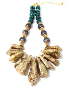 Chunky Gold Titanium Quartz Brown Agate & Green Aventurine Bib Statement Necklace Chunky Stone Necklace, Diy Statement Necklace, Titanium Quartz, Pearl Jewelry Necklace, Neck Jewellery, Green Agate, Necklaces Jewelry, Chunky Necklace, Precious Jewelry