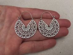 "These are so chic and cool! Stylish and versatile mandala hoop earrings. They have incredible detail and design with all the cut outs. Versatile and perfect for everyday wear. The earrings measure 1 3/4\" long by 1 3/8\" wide. Made from allergy free plated silver. Thanks for stopping by! Please take a moment and visit the rest of my Etsy shop. I have many more unique jewelry designs to choose from! 🌸 Tiger Flower Jewelry 🌸 🌸 Inspired by Nature 🌸" Nickel-free Circle Hoop Earrings For Festival, Bohemian Round Hoop Earrings, Hypoallergenic, Bohemian Round Hypoallergenic Hoop Earrings, Hypoallergenic Earrings For Summer Festival, Handmade Hoop Earrings For Festival, Bohemian Circle Hoop Earrings For Gift, Bohemian Hypoallergenic Hoop Earrings Gift, Nickel Free Hoop Earrings For Festival, Bohemian Circle Hoop Earrings