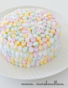 a white plate topped with a cake covered in marshmallows