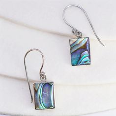 Vintage designer Sterling 925 silver handmade earrings with rectangular abalone, stamped 925 Kauah Nickel-free Rectangular Sterling Silver Earrings, Sterling Silver Oblong Earrings For Gift, Silver Square Earrings As Gift, Silver Square Earrings For Gift, Silver Rectangular Stone Sterling Silver Earrings, Gift Rectangular Pierced Earrings, Vintage Designer, Jewelry Earrings Hoops, Handmade Earrings