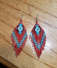 Native American Style Beaded Rug Earrings by BeadedCreationsetc Fringed Earrings, Beading Earrings, Native Beading, Beaded Charms, Stitch Earrings, Red And Turquoise, Loom Jewelry, Earrings Ideas, Native American Beaded Earrings