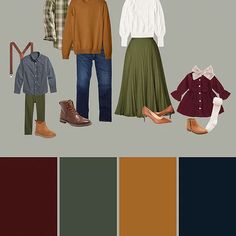 an assortment of clothes and shoes with colors in the same color scheme for each outfit