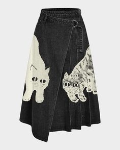 Denim Wrap Skirt, Long Wrap Skirt, Diesel Denim, Cat Graphic, Twill Weave, Riveting, Upcycle Clothes, Wrap Skirt, Black Denim