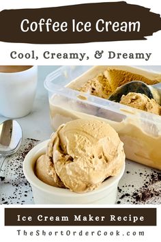 coffee ice cream is in a bowl and on the table