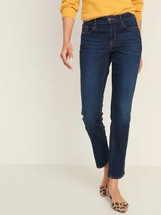 Mid-Rise Dark-Wash Power Slim Straight Jeans for Women | Old Navy Family Picture Outfits, Print Shoes, Picture Outfits, Wardrobe Ideas, Travel Wardrobe, Pinterest Outfits, Jeans For Women, Slim Straight Jeans, Petite Jeans