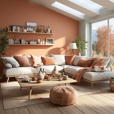 a living room with orange walls and white furniture