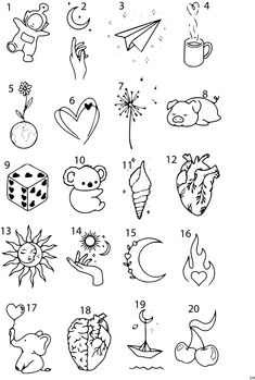 the numbers and symbols for children's drawings are drawn in black ink on white paper