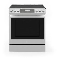 a silver oven with the door open on a white background and no people around it