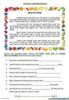 reading worksheet for healthy food