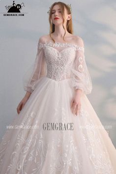 Gorgeous Off Shoulder Unique Lace Ballgown Wedding Dress with Puffy Sleeves Princess Style Long Sleeve Wedding Dress Lace Ballgown, Wedding Dress With Puffy Sleeves, Lace Ballgown Wedding Dress, Princess Ball Gowns Wedding Dress, Weddings Dresses, Ballgown Wedding Dress, Wedding Dresses Lace Ballgown, Dress With Puffy Sleeves, Ballgown Wedding