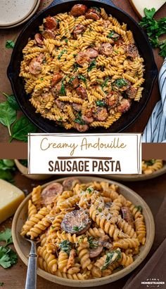 creamy and tasty sausage pasta in a skillet with parmesan cheese on the side