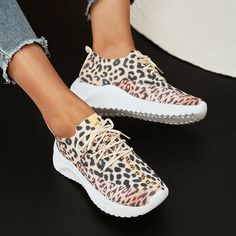 Lightweight Breathable Leopard Knitted Sneakers Leopard Print Shoes Flats, Leopard Print Sneakers, Leopard Print Flats, Mesh Heels, Platform Flats, Orthopedic Shoes, Round Toe Shoes, Mary Jane Shoes Womens, Casual Flat Shoes