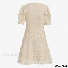 Olivia Mark - Chic Floral Embroidered Puff Sleeve V-Neck Fit and Flare Mini Lace Dress for Women Embroidered Lace V-neck Mini Dress, Fitted Embroidered V-neck Dress With Lace Trim, Fitted V-neck Embroidered Dress With Lace Trim, Fitted Embroidered Dress With Lace Trim And V-neck, Lace Dress For Women, Mini Lace Dress, Lace Mini Dress, Dress For Women, Olivia Mark