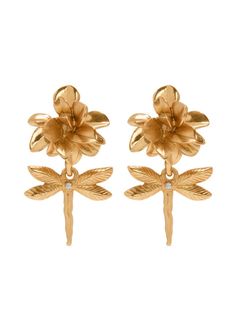 gold-tone brass polished finish clip-on design floral motif dragonfly pendant crystal embellishment These earrings come as a pair. Flower Earring, Dragonfly Pendant, Boot Jewelry, Wedding Guest Looks, Flower Clip, Summer Beach Wear, Crystal Embellishment, Design Floral, Flower Earrings