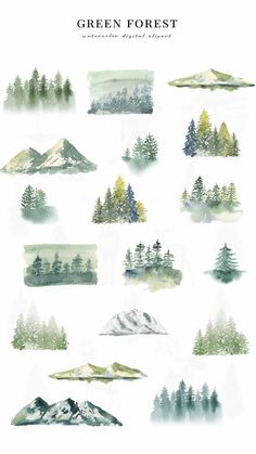 the green forest poster is shown with trees and mountains in watercolor on white paper