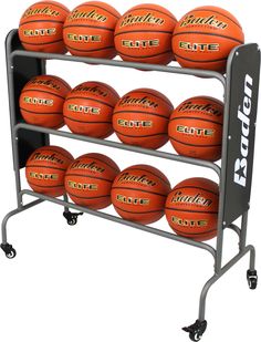 a rack filled with basketballs sitting on top of each other