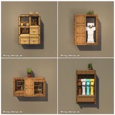 four different pictures of a wooden cabinet with towels in it