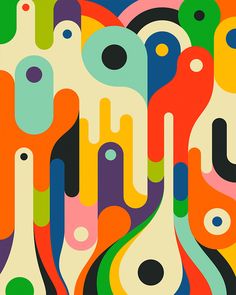 an abstract painting with different colors and shapes in the form of spoons on a multicolored background