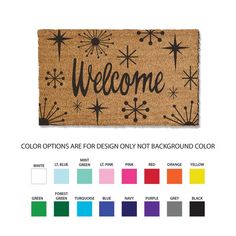 a welcome mat with the words welcome and fireworks on it in black, red, green,