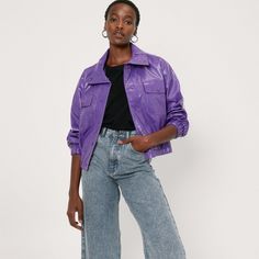 Purple Cropped Leather Jacket Size 4 Never Worn! Chic Purple Outerwear With Pockets, Trendy Purple Outerwear, Purple Long Sleeve Leather Jacket For Spring, Weird Clothes, Purple Leather Jacket, Tassel Jacket, Faux Leather Motorcycle Jacket, Cropped Moto Jacket, Short Sleeve Jacket