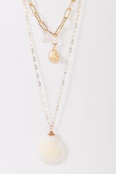 Gold Double Thick & Thin Chain With Ivory Real & Gold Faux Shell Necklace/3 Pieces Trendy Beach, Shell Necklace, Beach Vibes, Shell Necklaces, Paper Clip, Real Gold, Lobster Claw, Chain Necklace, Gold Necklace