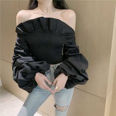 Womens Casual Off Shoulder Crop Top Blouse Strecth Long Sleeve Ruched Ruffles Slim Short Shirt - Hot fashionista Korean Fashion Black, Waistcoat Sweater, Long Sleeve Blouses, Formal Dresses With Sleeves, Off Shoulder Crop Top, Puff Long Sleeves, Long Summer Dresses, Shirts Women, Long Puff Sleeves