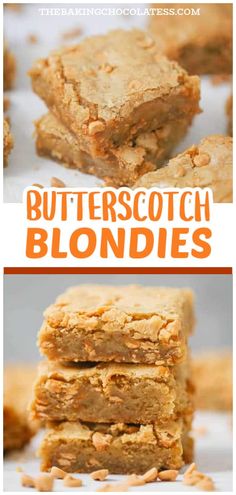 butterscotch blondies stacked on top of each other with the text overlay