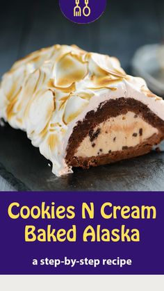 cookies n cream baked alaska recipe on a plate with the title overlay reads, cookies n cream baked alaska