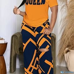 Orcajump - 2pcs Tee & Pants Outfit, Queen Print T-Shirt & Allover Print Wide Leg Pants, Women's Clothing Oversized Navy Tops With Letter Print, Navy Oversized Top With Letter Print, Navy Oversized Graphic Print Top, Summer Casual Tiger Print T-shirt, Casual Short Sleeve Tiger Print T-shirt, Printed Wide Leg Pants, Pants Outfit, Blue Orange, Wide Leg Pants