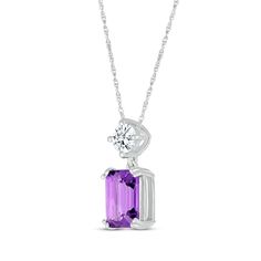 A dreamy amethyst and a hint of sparkle make this necklace a fabulous complement to her style. Crafted in 10K white gold An emerald-cut amethyst makes a big impression, dangling from a round-cut white lab-created sapphire The pendant suspends along an 18-inch rope chain that secures with a spring ring clasp Purple Necklace With Prong Setting For Anniversary, Purple Prong Set Necklace For Anniversary, Elegant Purple Necklace With Prong Setting, Purple Prong Setting Formal Necklaces, Purple Necklaces With Accent Stones For Anniversary, Purple Amethyst Necklace With Prong Setting, Purple Amethyst Necklace With Diamond Accents, Elegant Purple Necklaces With Accent Stones, Purple Necklaces With Accent Stones For Formal Occasions