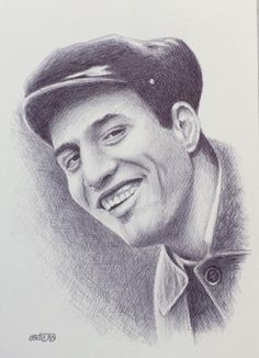 a pencil drawing of a smiling man wearing a hat