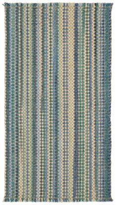 a multicolored rug on white background with blue, green and yellow stripes in the middle