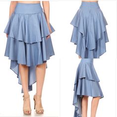 High-Waisted, High Low Two Layer Denim Ruffle Skirt With A Zipper On The Center Back. Fabric: Denim Fabric Content: Poly/Spandex Denim Ruffle Skirt, Long Blue Skirts, Asymmetrical Maxi Skirt, Asymmetrical Skort, Asymmetrical Midi Skirt, Mini Pleated Skirt, Black Lace Skirt, Stretchy Skirt, Blue Denim Skirt