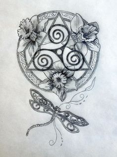 a drawing of a circular object with flowers on it and a dragon in the middle