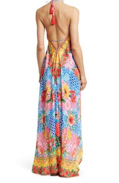 Unleash your free boho spirit in this longline halter cover-up dress styled with vivid allover blooms and tassel accents. Halter neck Tassel accents Tie closure All-over print Woven 100% polyester Hand wash cold, line dry Imported Model stats: 5'10", 32" bust, 25" waist, 36" hip. Model is wearing size S. Spring Beach Dress With Tie Back For Beach Party, Vibrant Print Maxi Dress For Spring And Summer Parties, Spring Beachwear Maxi Dress For Summer Parties, Spring Maxi Dress With Vibrant Print For Summer Parties, Spring Beachwear Maxi Dress With Halter Neck, Spring Beachwear Beach Dress With Tie Back, Spring Beach Dress Cover-up With Tie Back, Spring Tie Back Maxi Dress For Beach Party, Spring Beach Dress With Tie Back As Cover-up