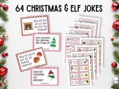 christmas and elf joke cards with ornaments around them