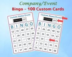 two large cards with numbers on them and an arrow pointing to the top one that says, company / event bingo - 100 custom cards