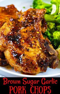 brown sugar garlic pork chops on a plate with broccoli