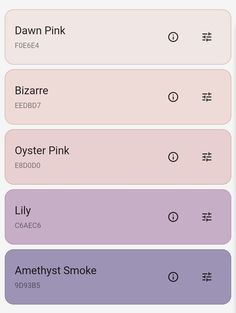 an iphone screen showing the different types of pinks and purples in various languages